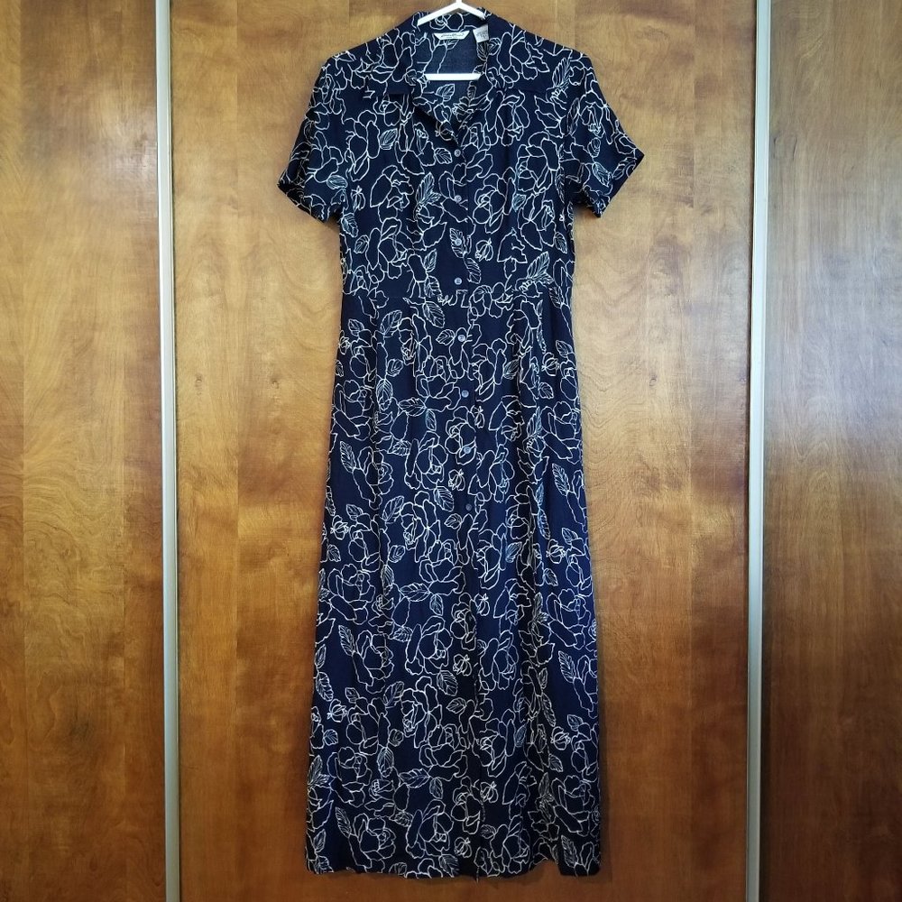 VINTAGE- Eddie Bauer Dress, Size Small Tall, Navy with Cream Roses, Pockets